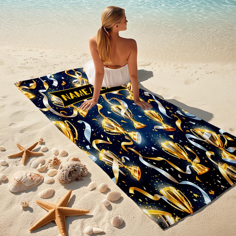 1PC Custom Name Golden Trophy Celebration Beach Towel Highly Absorbent And Sand-Resistant Towel for Swimming, Pool, Yoga, And Travel Lightweight