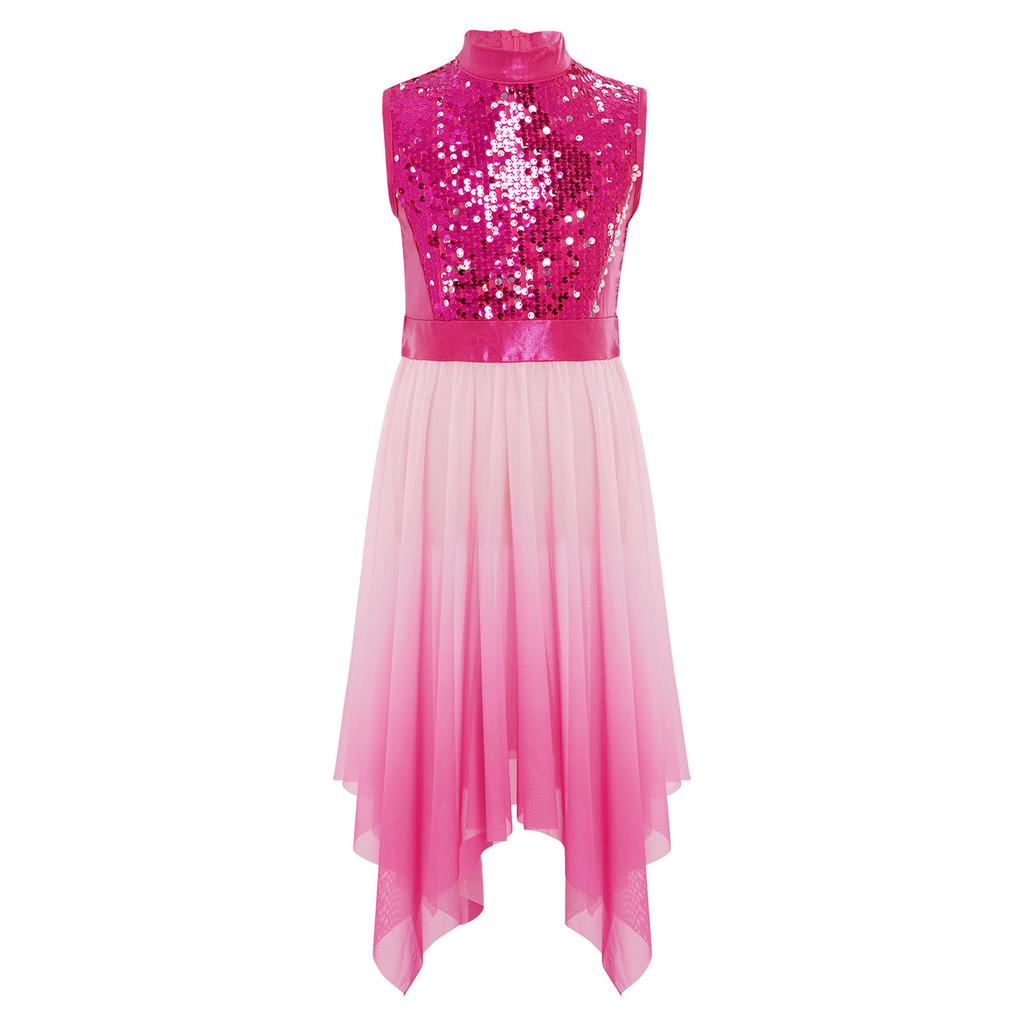 Girls Worship Praise Dance Tunic Dresses Mock Neck Sleeveless Asymmetrical Hem Shiny Sequins Bodice Dress Contemporary Dancewear