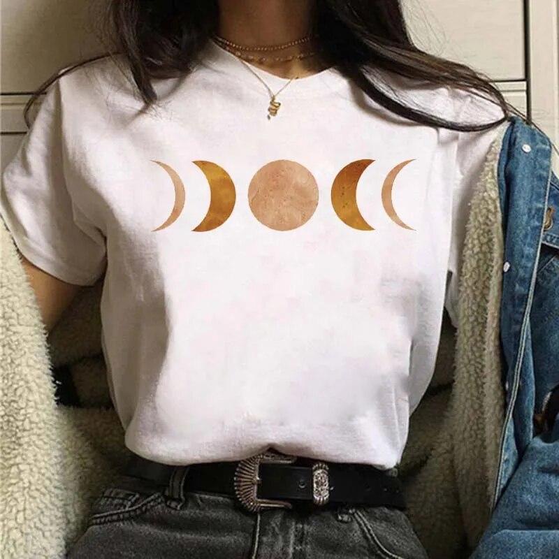 Casual Women's Round Neck T-shirt Lunar Eclipse Printed Women's T-shirt New Eclipse of the Moon Moon Style Women's White T-shirt