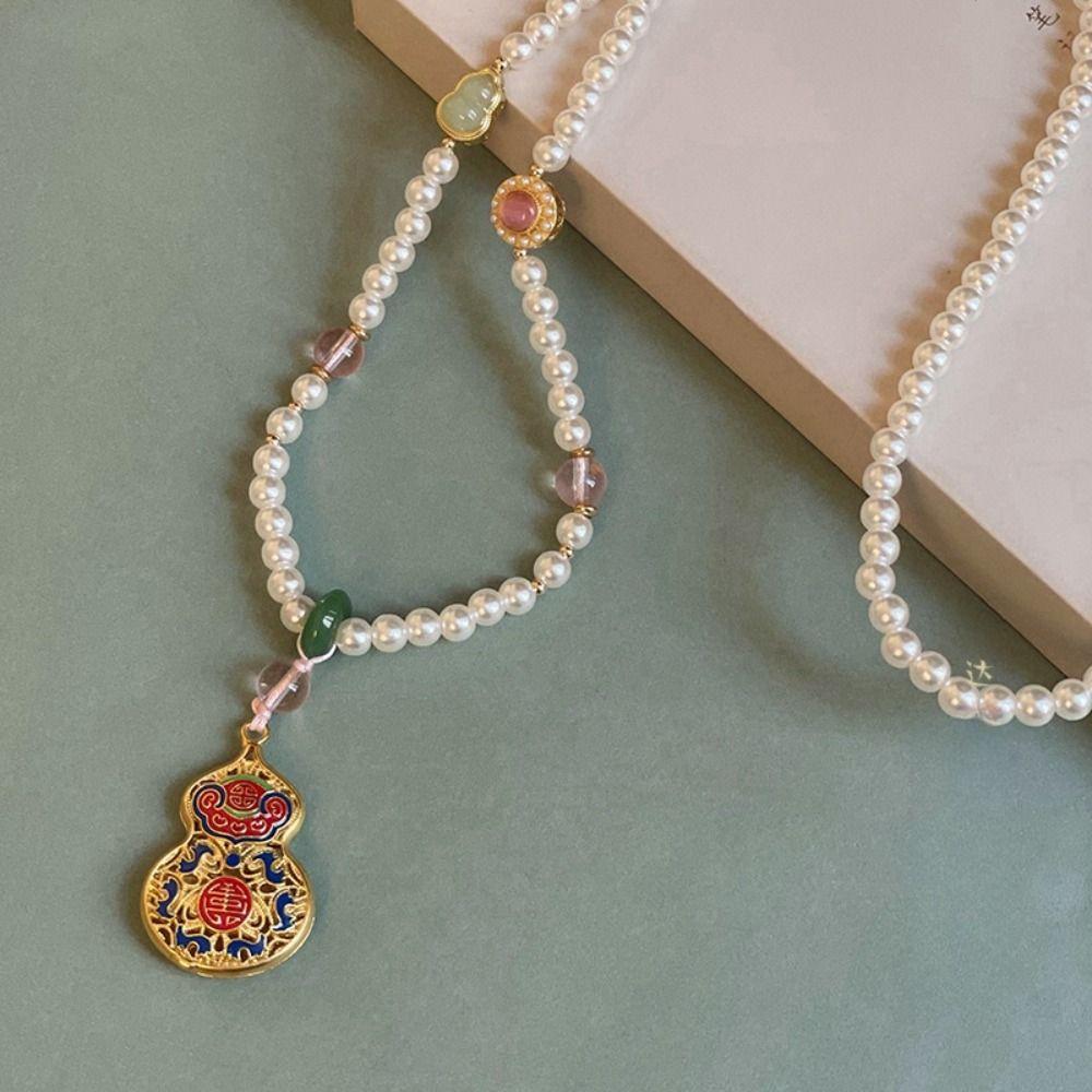 Zinc Zinc Alloy Pendant Pearl Beaded Necklaces Lucky Bag Vintage Sweater Chain  Cheongsam
