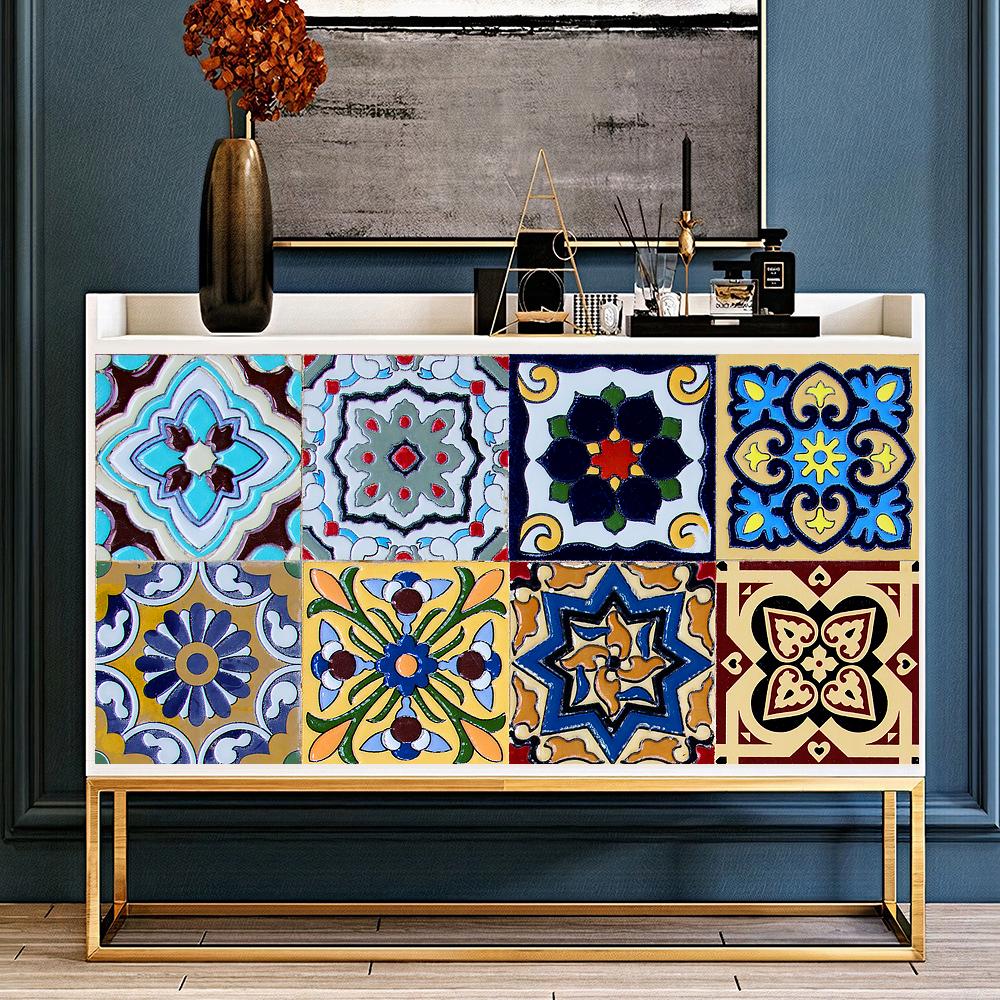16pcs Retro Moroccan Tiles Wall Sticker Kitchen Backsplash Cupboard Bathroom Decoration Waterproof Self-adhesive Art Wall Decals