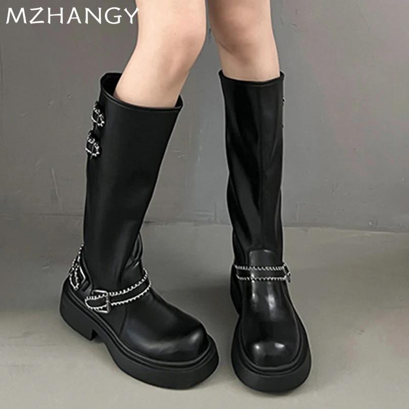 Модные женские сапоги на платформе, высокие кожаные туфли до колена, женские туфли на плоской подошве, тренд 2025 года, дизайнерская мода, зимние новые зимние мотоциклетные сапоги Mujer