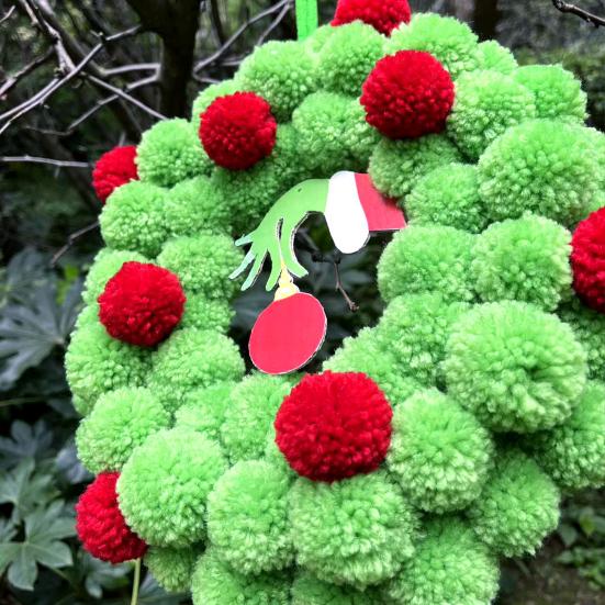 13 Inch Christmas Green Elf Wreath for Front Door Plush Pompom Ball Wreath with Wooden Elf Hand for Winter Wall Window Fireplace Door Tree Decor
