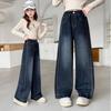 Весна 2025 Джинсовые брюки-палаццо для девочек: Стильные брюки прямого кроя для детей