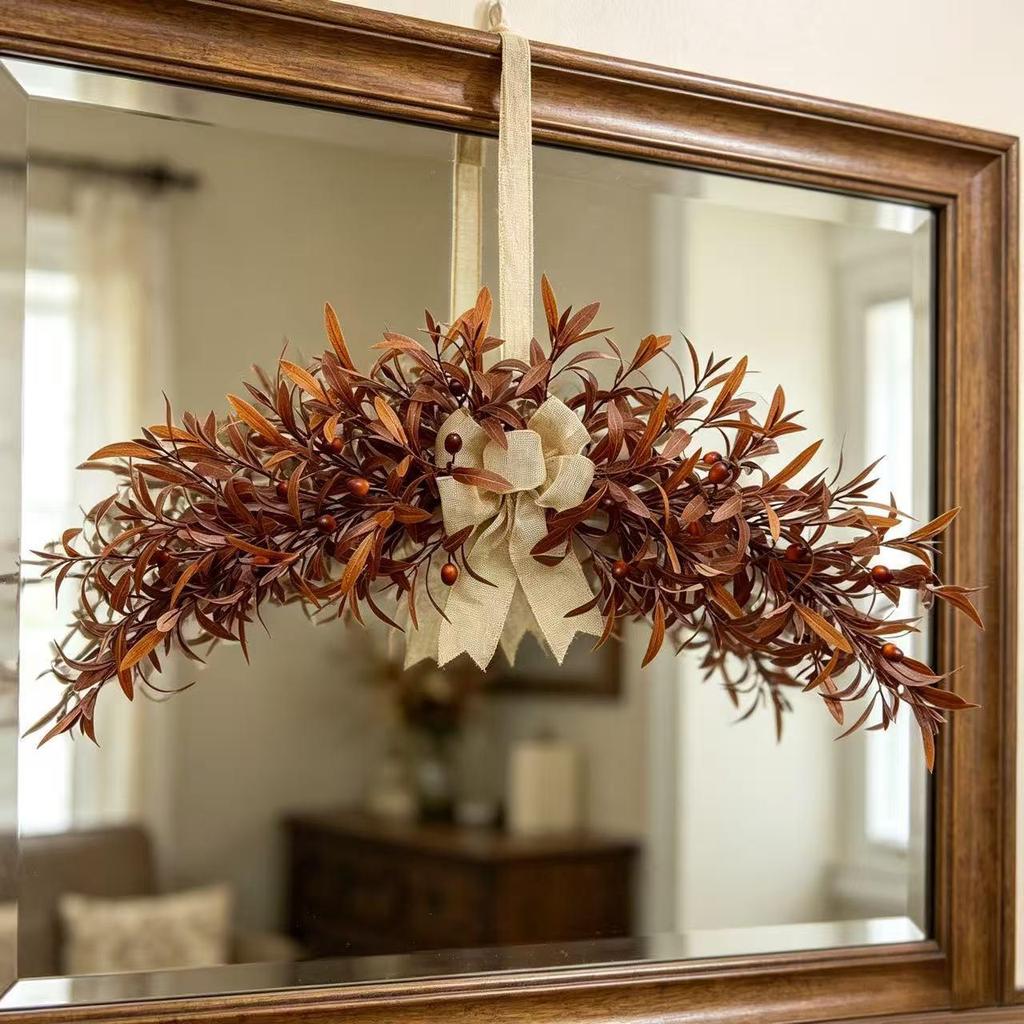 Realistic Brown Olive Leaf Autumn Door Hanger for Home Decoration