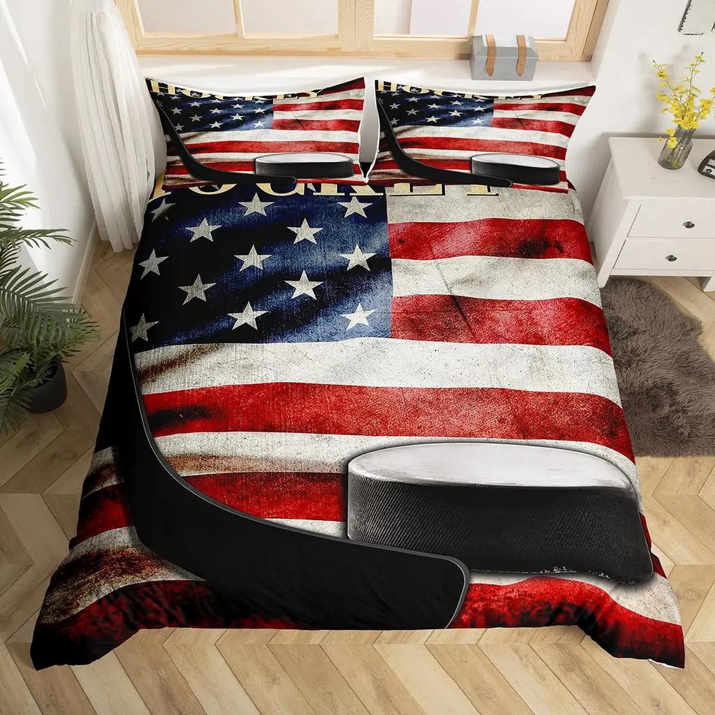 Комплект пододеяльника для хоккея 2/3 предмета Хоккейный спортивный пододеяльник Полиэстер Хоккейная шайба Мяч Размер Кинг/Евро Пододеяльник для мальчиков