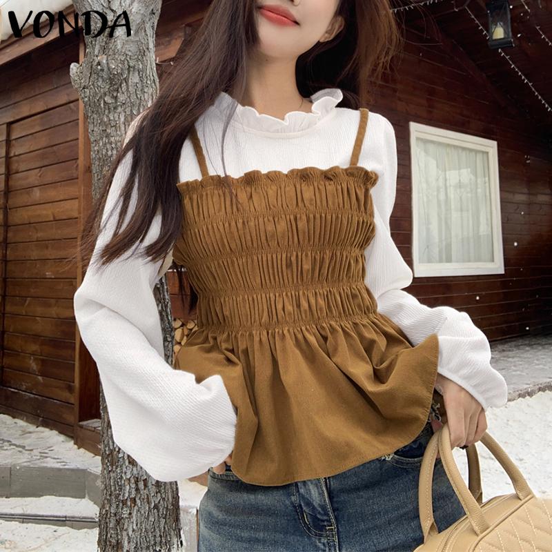 VONDA Women Stand Ruffled Neck Long Sleeve Patchwork Smocking Fake Two Pieces Blouse