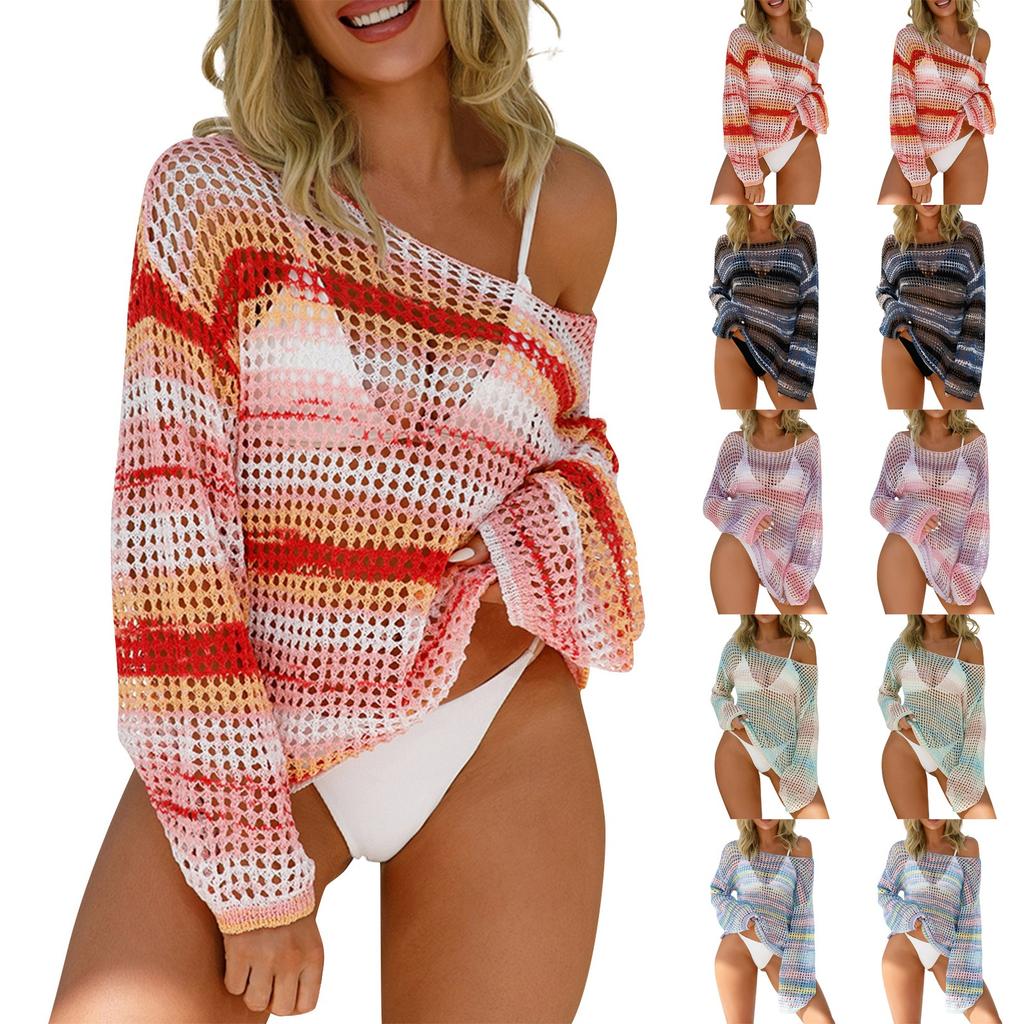 Women's Sexy Fashion Comfortable Hollow Mesh Long-sleeved Bikini Beach Knitted Sun Top