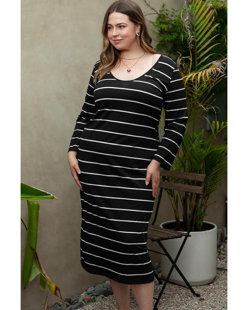 Azura Exchange Black Plus Size Striped Loose Long Shift Dress