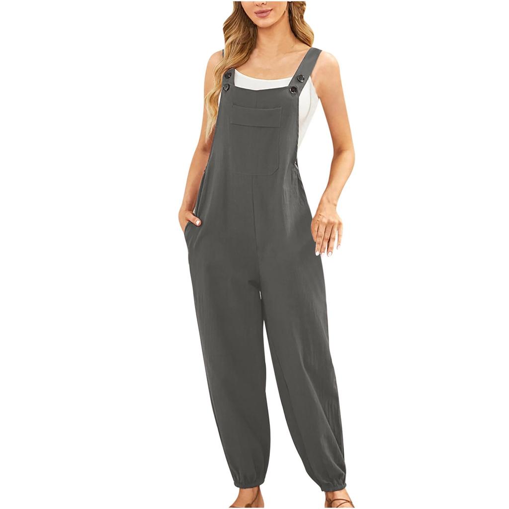 Women's Fashionable Casual Solid Color Sleeveless Vest Cotton Linen Jumpsuit Pocket Overalls