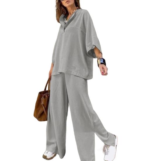 Женский костюм-двойка оверсайз 45720: пуловер с рукавом и брюки широкого кроя