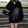 Harajuku Outwear Zipper Sweatshirts Emo Alt Clothing Gothic Punk Spider Web Hooded Women Fairy Grunge Dark  Plus Size Hoodies