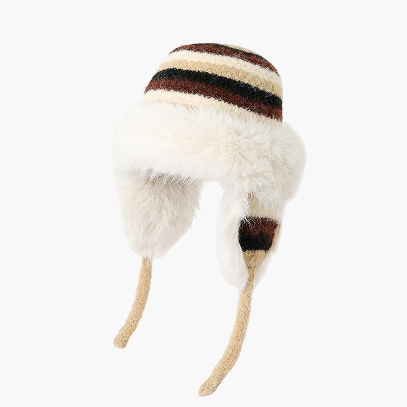 Шапка Женская Пушистая Полосатая Осенне-Зимняя Шапка Рыбака Зимняя Теплая Шапка с Защитой Ушей Северо-Восточная Большой Окружности Головы Вязаная Шерстяная Шапка