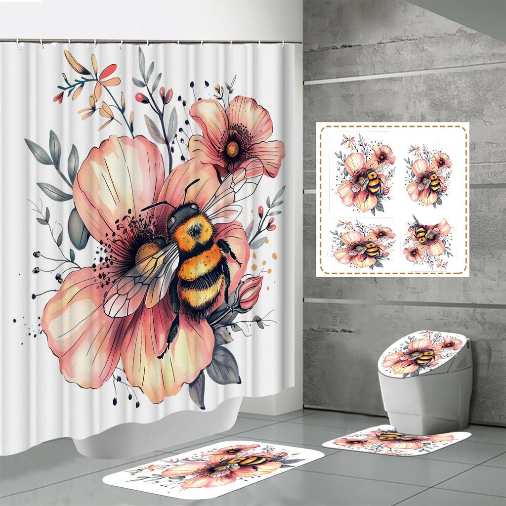 4 ШТ. Наборы штор для душа со шторкой для душа и ковриками, коврик для крышки унитаза, U-образный коврик и коврик для ванной, набор для ванной комнаты с 12 крючками