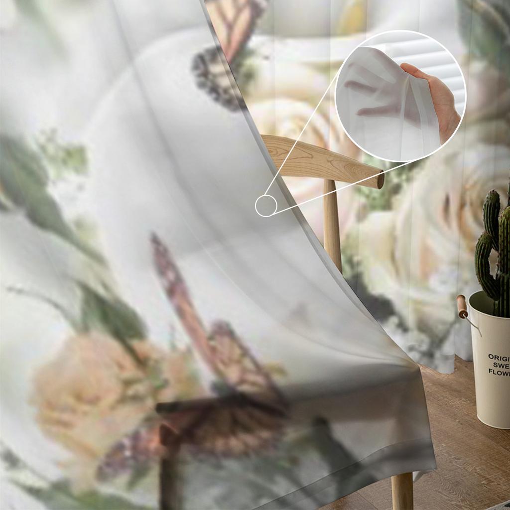 Yellow Roses And White Calla Lilies Butterfly Flower Tulle Sheer Curtains for Living Room Kitchen Decor Voile Organza Curtain