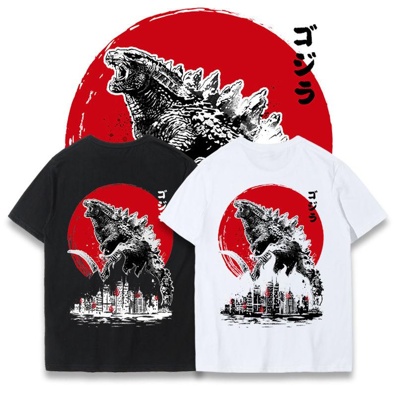 2023 Весна и лето Новая футболка Godzilla для мужчин Корейская версия Свободная Чистая Круглая горловина Японский ретро Модный короткий рукав