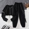 Spring Autumn Women Harajuku Cargo Pants Handsome Cool Two-piece Suit Chain Long Sleeve+Ribbon Pants WWA