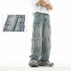 Japanese Style Men's Workwear Pants Multi-Pocket Denim Trousers Washed Vintage Loose Casual Long Pants