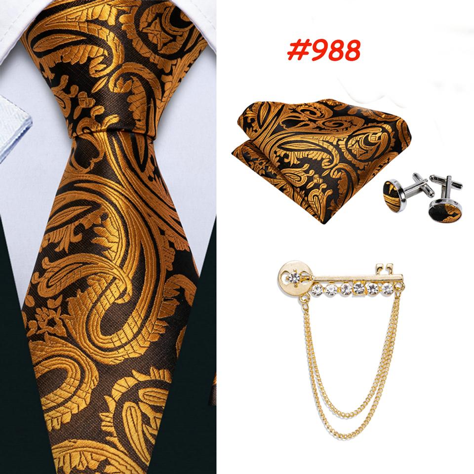 Barry.Wang Gold Brooch Pin with Tie for Men 8 Styles Cool Necktie Handkerchief Cufflinks Set