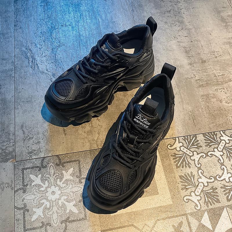 Новые женские новые модные спортивные туфли на платформе женские летние черные повседневные толстые кроссовки женские сетчатые кожаные туфли на платформе