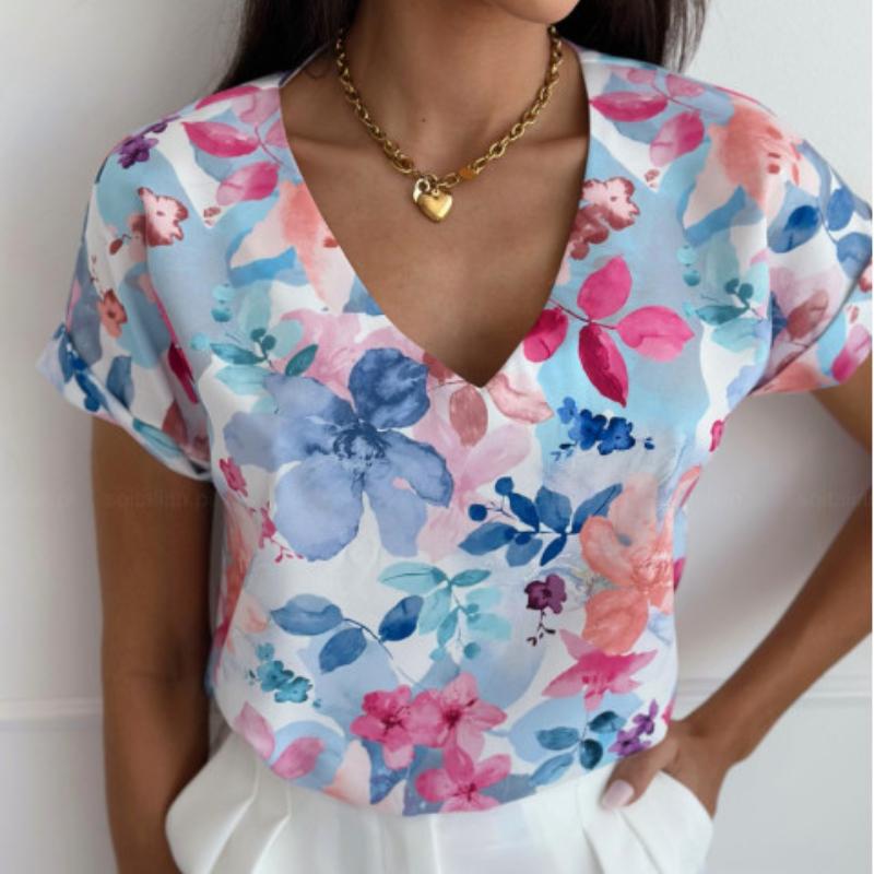 Women's Summer Simple Fashion Printing V-neck Loose Short-sleeved Shirt