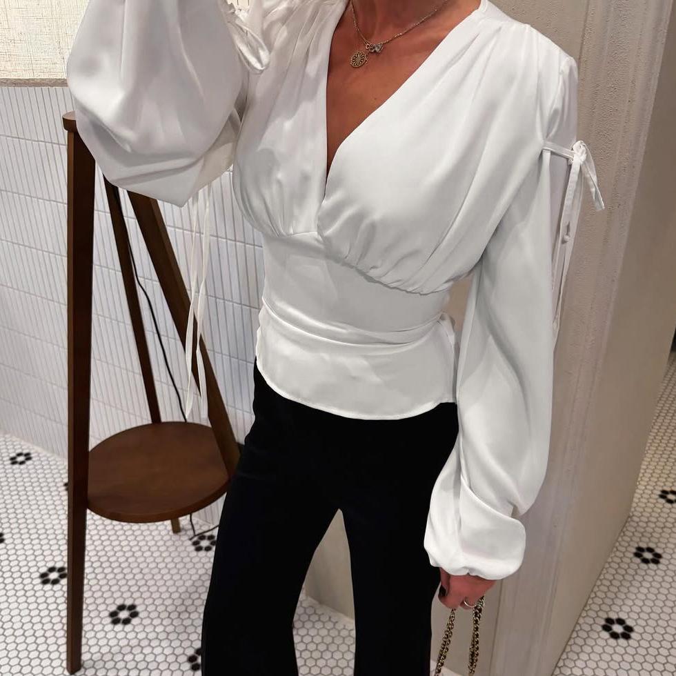 European and American sexy V-neck white waist temperament long-sleeved lace-up shirt women's high-end casual versatile top