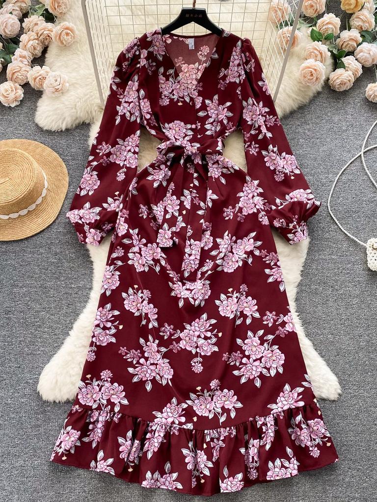 Модное женское платье с цветочным принтом, осеннее элегантное винтажное Бандажное длинное платье макси с рюшами по подолу, вечерние платья