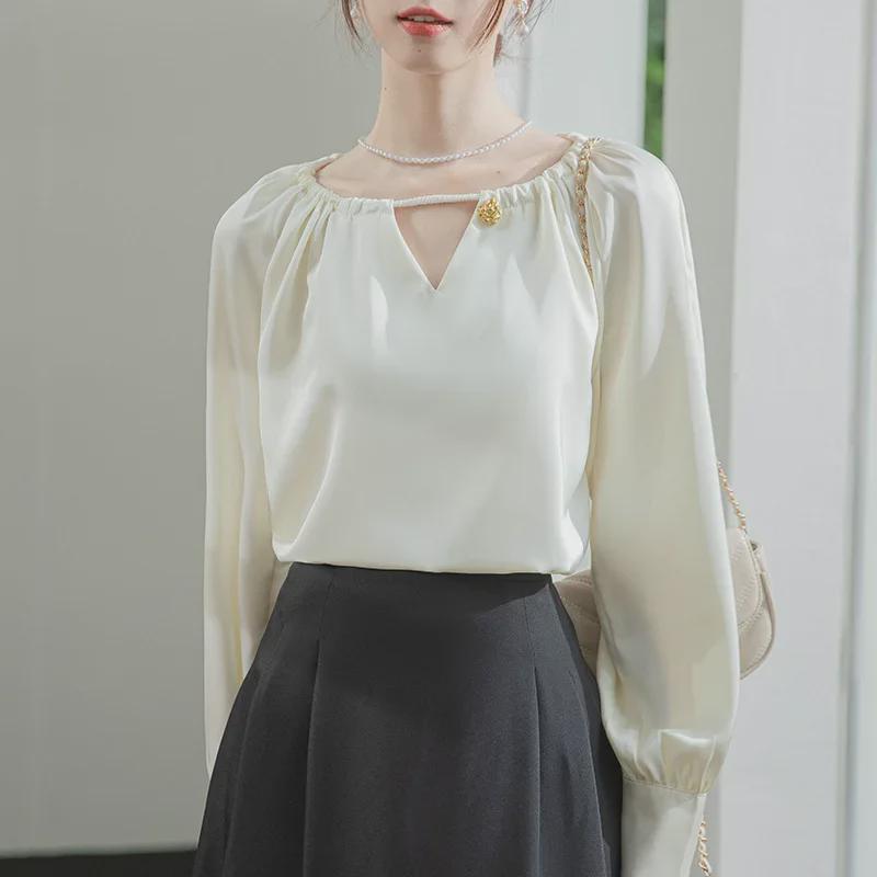 Женская рубашка из французского абрикосового атласа 2025 года с уникальным утягивающим дизайном