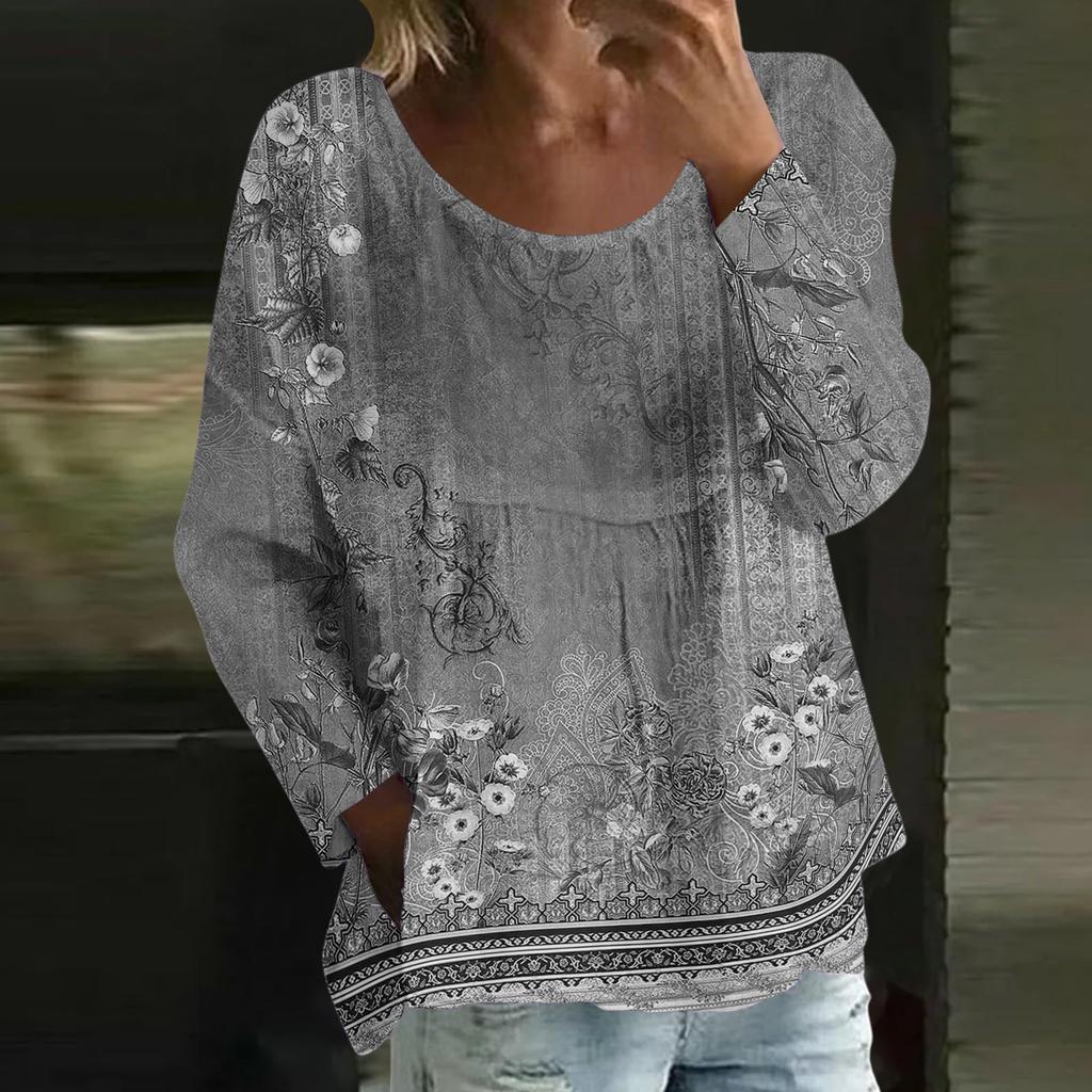 Women's Casual Fashion Loose Round Neck Retro Print Long Sleeve Top