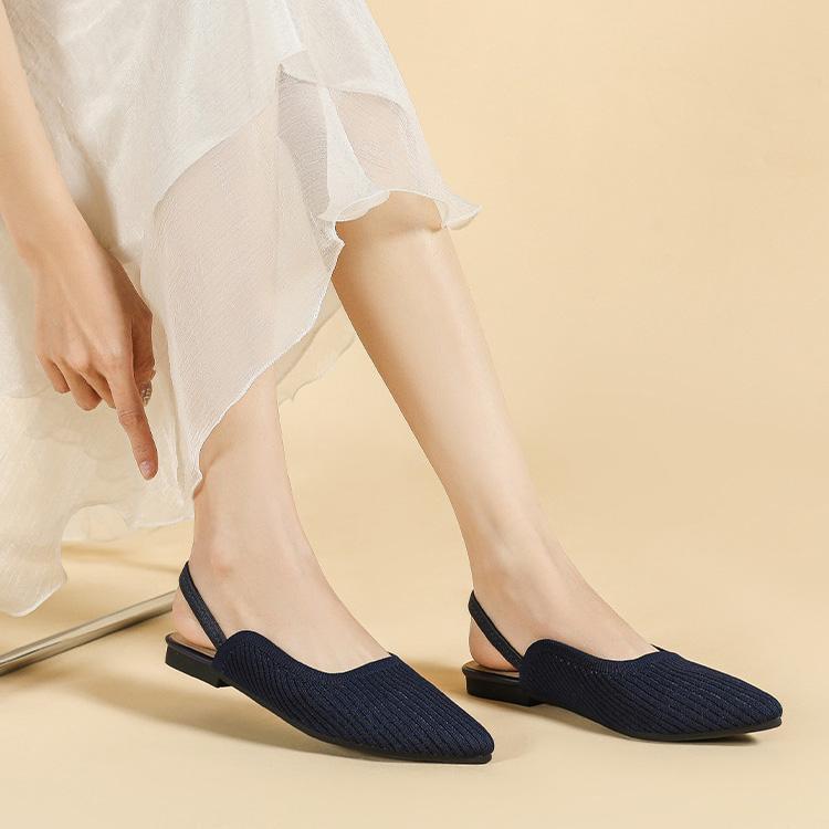 Женские летние туфли большого размера с острым носком и плоской подошвой, повседневные однотонные вязаные сандалии с открытым носком, размер 34-43