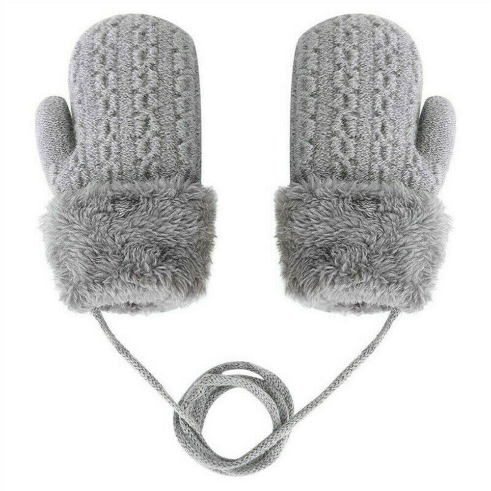 1-4 Years Baby Boys Girls Faux Fur Hanging Neck Cute Cartoon Knitted Mittens Kids Gloves Thick Warm