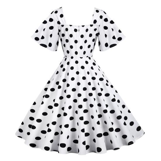 Women Evening Dress Retro Color Matching Dot Print A-line V Neck Big Swing Short Ruffle Sleeves Tight High Waist Back Zipper Party Prom Midi Dress