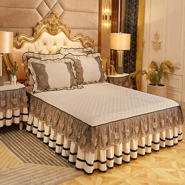 Luxury Velvet Quilted Bedspread Queen King Size Thick Plush Lace Embroidery Short Bed Skirt No Pillowcase