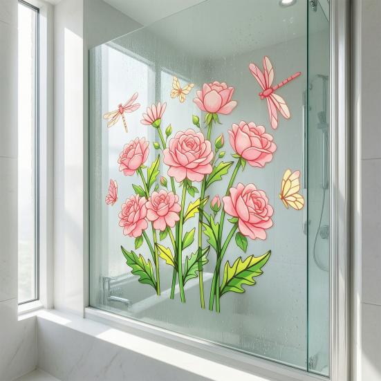 Static Glass Sticker, Soft Roses Decal with Dragonflies And Butterflies, No Glue Waterproof Sunproof Window Film for Bedroom Living Room Balcony