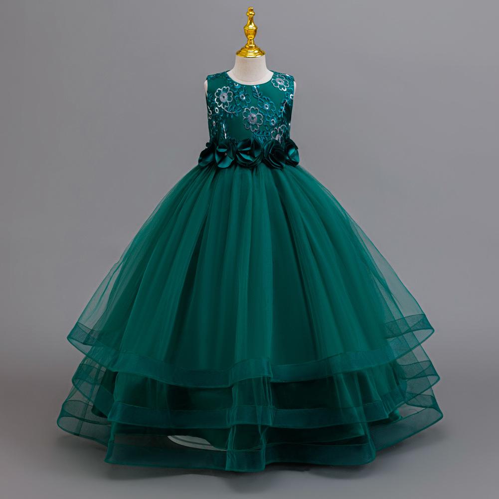 Платье для вечеринки для девочек, юбка, цветочное сетчатое тюлевое платье-пачка, для детей среднего и старшего возраста, длинный рождественский костюм для выступления 632 Детское принцессное