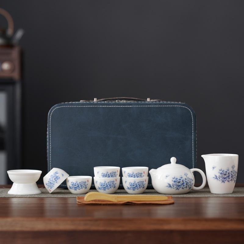 Ceramic national style peony tea maker meets guests with a complete set of teacups, kung fu cover bowls, office simple household tea set