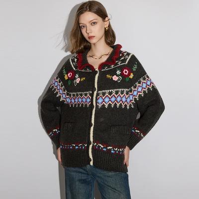 2025 Свитера Кардиган Цветы Осень Карманы Женщины Принт V-образный вырез Свитера Вязание Свободный Свитер