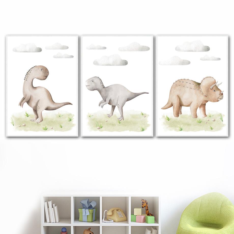 Мультфильм динозавр белые облака трава детская настенная живопись на холсте плакаты на скандинавскую тему и принты настенные панно для декора комнаты для маленьких мальчиков