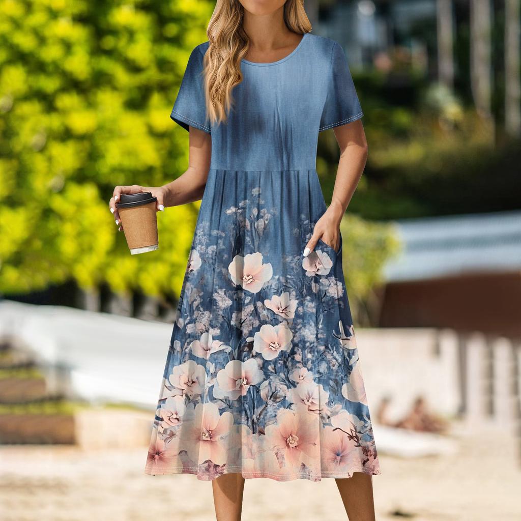 Women's Casual Cute Pattern Print Round Neck Midi Dress Basic Classic Outdoor Everyday Short Sleeve Loose Dress