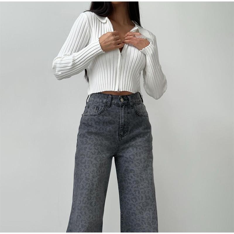 Elegant Grey Leopard Printed Jeans High Waist Straight Leg Vintage High Street Black Jeans Pants Women Formal Korean Retro
