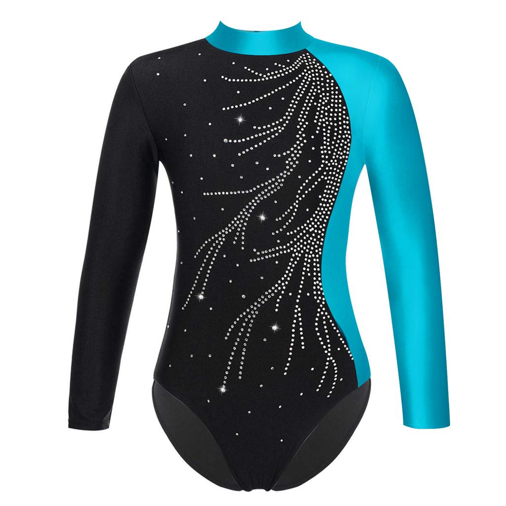 Girls Kids Sparkly Rhinestones Gymnastic Leotard Long Sleeve Ballet Dance Athletic Workout Bodysuit Unitard