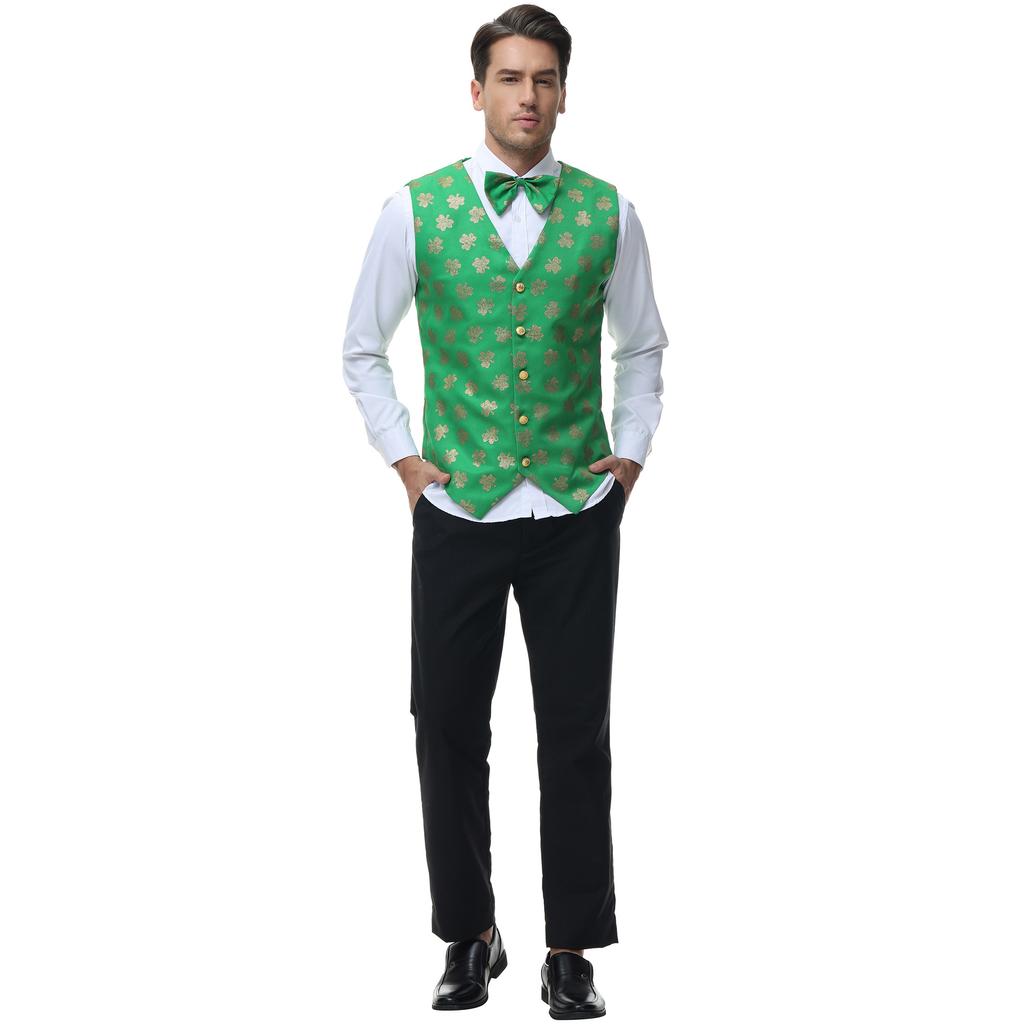 Oktoberfest Men's Waiter Vest Clothing Cos Suit, Green Printed Wine Party Men's Vest