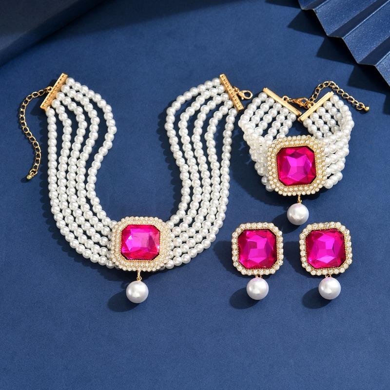 Retro Color Full Diamond Bracelet Three-piece Set Light Luxury High-end Imitation Pearl Necklace Jewelry Women