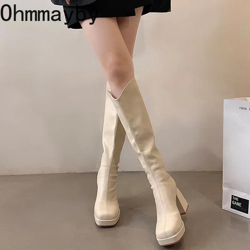 Fashion Platform Long Boots For Women Fashion Back Zippers High Heel Knee High Boots Autumn Winter Ladies Elegant Mordern Booties