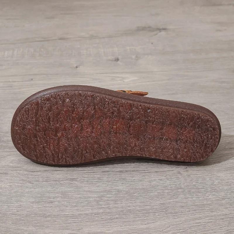 Fashion Women T-Strap Shoes Natural Genuine Leather Flat Shoes Round Toe Buckle Ladies Footwear Autumn Leopard Print 40 Casual Shoes