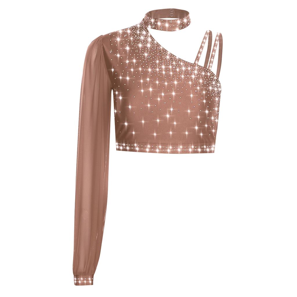 Womens Lyrical Dance Top Asymmetrical Sheer Mesh Long Sleeve Shiny Colorful Rhinestone Crop Top