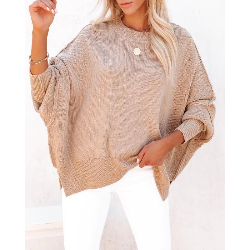 Осенне-зимний женский свитер большого размера с круглым вырезом и разрезом