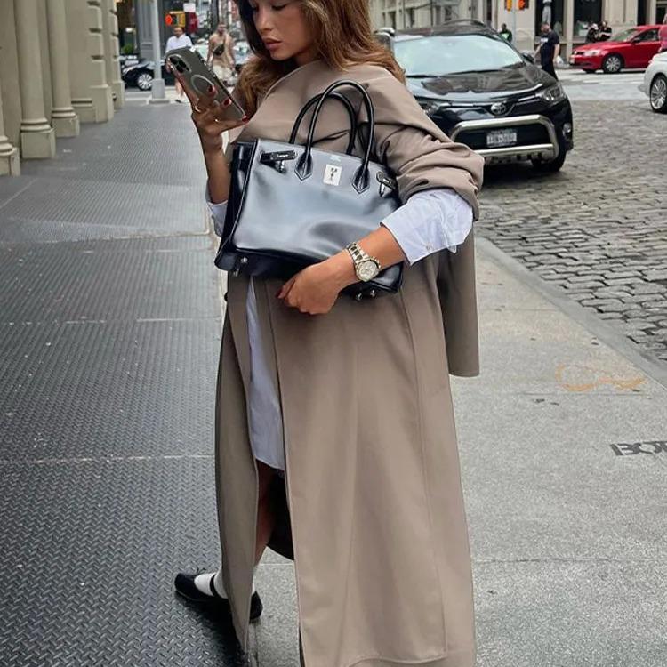 European & American Women's Long-Sleeved Windbreaker - Mid-Length, High-End, Loose Fit with Pockets - Autumn/Winter Collection