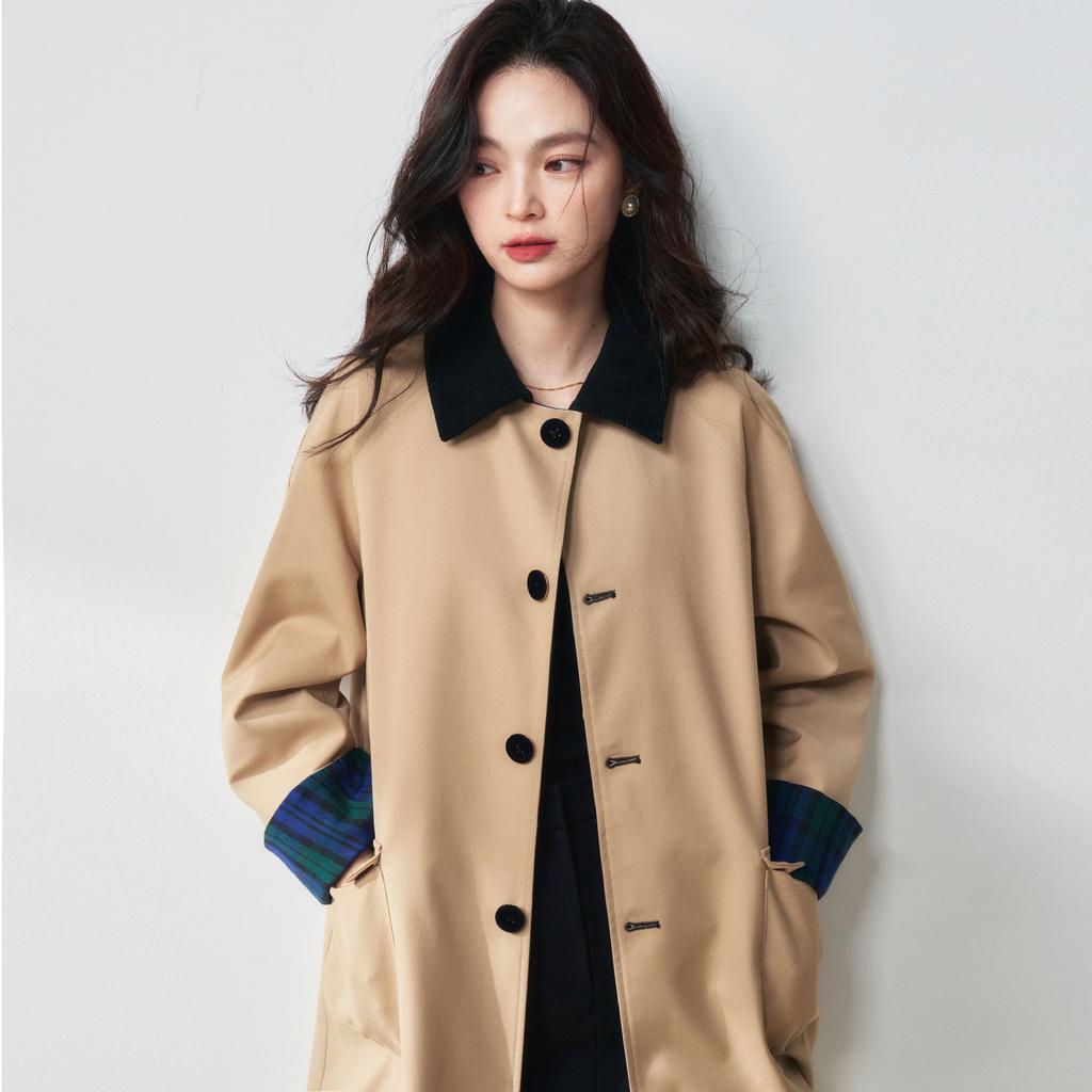 Осень новый ретро контрастный цвет miu клетка двустороннее хаки средней длины плащ куртка 072