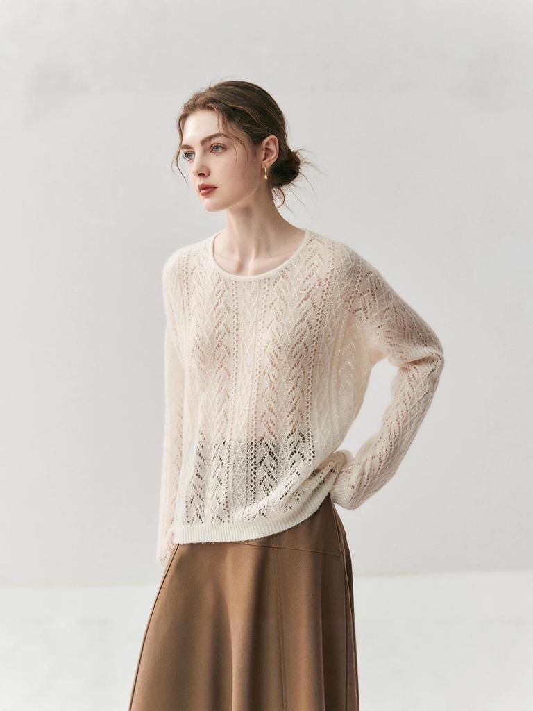 Loose Velvet Cashmere Sweater: 2025 Autumn/Winter Round Neck Hollow Knit Women's Cardigan